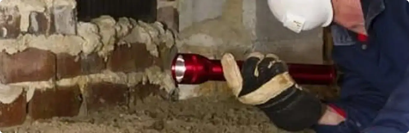 Pest control technician inspecting a crawl space for ant activity in Chelsea, MA