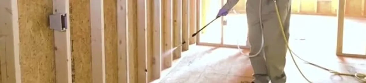Termite treatment technician applying spray along framing and unfinished walls in Boston, MA