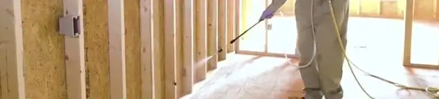 Termite treatment technician applying spray along framing and unfinished walls in Boston, MA